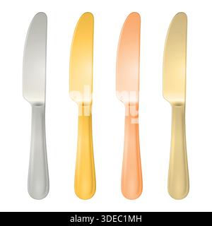 Ensemble de couteaux à dîner d'or et d'argent en acier inoxydable Vector 3D. Couteau de table moderne couverts pour table de salle à manger. Coutellerie de restauration Illustration de Vecteur