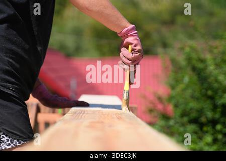 Voyage roumanie transilvania targu mures main avec gant rose peinture poutre en bois à l'extérieur Banque D'Images