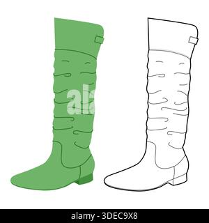 Vert enveloppé slouchy genou bottes femme plat plus ligne set. Texture ruchée avec détail boucle pour la soirée musicale. Illustration de mode technique CAD maquette mixte vecteur hommes unisexe style chic isolé Illustration de Vecteur