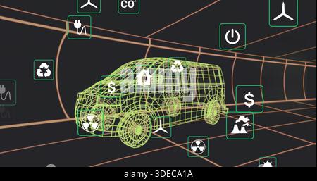 Affichage d'un fourgon filaire vert néon se déplaçant dans un tunnel de grille sombre, montrant des tuiles d'icônes vertes flottantes Banque D'Images