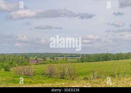 Un paysage verdoyant serein et luxuriant orné de collines ondulantes qui se trouvent paisiblement sous un beau ciel nuageux Banque D'Images