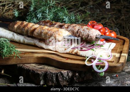 Gros plan d'un plat traditionnel caucasien – assortiment de viande hachée grillée (lula kebab ou shish kebab) sur des brochettes en métal. Avec des kebabs fabriqués à partir de chi Banque D'Images