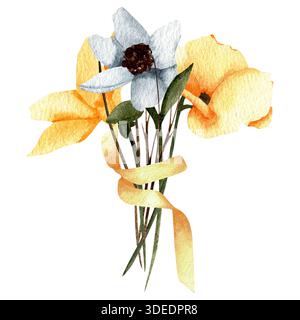 Un bouquet d'aquarelle de fleurs sauvages bleues et jaunes nouées avec un ruban jaune. Une illustration botanique de fleurs sauvages dans des nuances délicates parfaites pour Banque D'Images