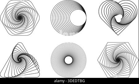 Ensemble de modèle de spirographe. Triangle, coeur, hexagone et rotation ronde en forme torsadée. Illusions optiques dynamiques. Eléments géométriques isolés sur Illustration de Vecteur