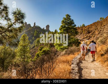 Deux hommes marchant sur un sentier de montagne jusqu'à Roque Nublo, à Gran Canaria, en Espagne, par une journée ensoleillée avec un ciel bleu à travers des collines boisées Banque D'Images