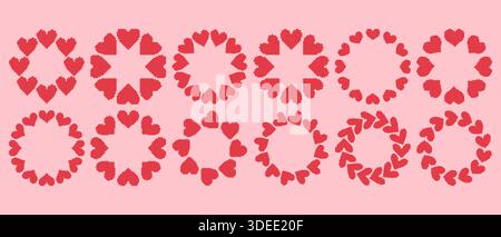 Simple ensemble de cadres circulaires fait de coeurs de pixels rouges disposés dans un anneau propre et moderne. Design minimaliste et ludique parfait pour la Saint-Valentin, l'amour Illustration de Vecteur