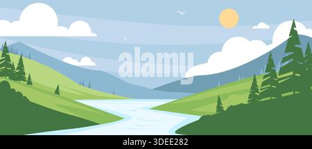 Paysage naturel d'été. Fond vert simple avec champs, collines, rivière et arbres, bannière horizontale panoramique de style plat, scène naturelle, forêt Illustration de Vecteur