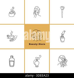 Ligne de soins de beauté Icons soin de la peau, maquillage et collection d'auto-soins Illustration de Vecteur