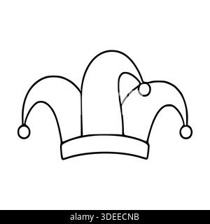 Illustration vectorielle simple de contour noir d'un chapeau de bouffon avec trois points et pompons pendants. Illustration de Vecteur