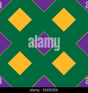 Motif vectoriel sans couture avec un arrangement géométrique de diamants violets et dorés sur un fond vert foncé, évoquant mardi gras et festif Illustration de Vecteur