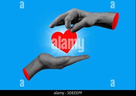 Mains avec symbole de coeur rouge en demi-teinte pour le style de collage de Saint-Valentin. Main du Mans plaçant un cœur dans la main des femmes. Concept de la Saint-Valentin. Banque D'Images