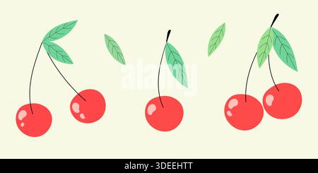 Illustration dessinée à la main. Ensemble coloré de cerises vectorielles. Illustration vectorielle Illustration de Vecteur
