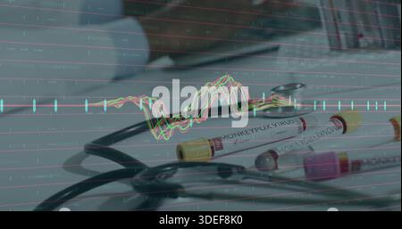 Affichage du tube d'échantillon étiqueté VIRUS DE LA VARIOLE SINGE reposant sur la paillasse du laboratoire clinique, avec superposition des données Banque D'Images