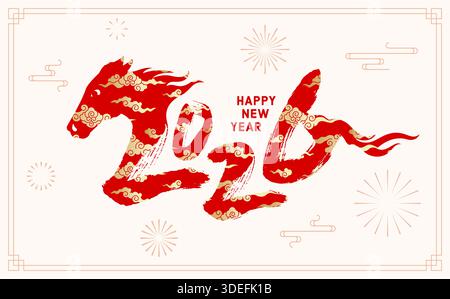 Joyeux modèle de conception de carte de voeux du nouvel an chinois 2026 avec brosse 2026 logo et cheval sur fond festif, numéro rouge 2026 dessiné à la main avec c d'or Illustration de Vecteur