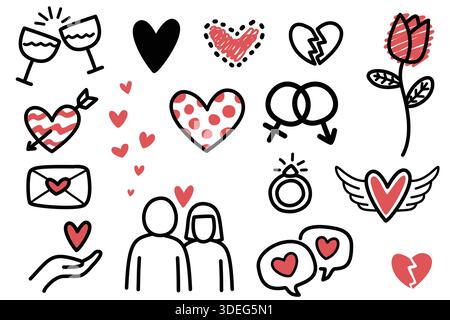 L'amour et la romance dessinés à la main griffonnent des éléments en noir et rouge Illustration de Vecteur