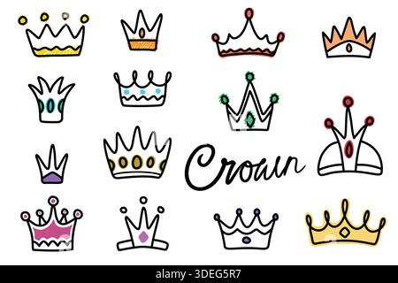 La couronne dessinée à la main gribouille dans différents styles et couleurs Illustration de Vecteur
