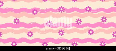 Motif abstrait avec des lignes ondulées. Mignon bébé gribouille avec des fleurs colorées. Arrière-plan rayé sans couture ou motif d'été. Illustration vectorielle Illustration de Vecteur
