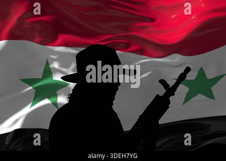 La silhouette d'un combattant armé avec une mitrailleuse sur fond d'un drapeau syrien agitant dans une scène dramatique sombre Banque D'Images
