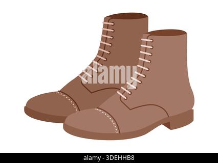 Marron grosse dentelle bottine femme Flat paire. Col rembourré avec crampons pour un dîner élégant, saison chaude. Illustration de mode technique CAD maquette raffinée vecteur hommes unisexe style moderne isolé. Illustration de Vecteur