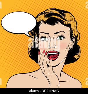 Pop Art femme surprise avec bulle de parole, illustration vectorielle. Retro Comic style visage féminin sur fond demi-ton. Vintage WOW expression Illustration de Vecteur
