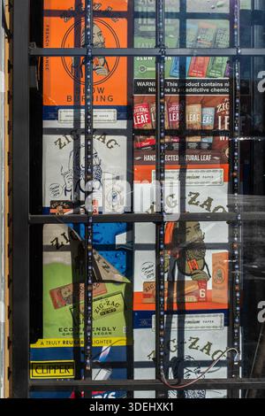 Objets de natures mortes : fleurs, dessins sur papier, vitrine de magasin, un pied et un âne photographié à Albuquerque, Nouveau-Mexique Banque D'Images