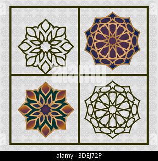 Ensemble de motifs géométriques islamiques de luxe et d'ornements mandala arabesques avec des éléments et des contours en or pour la décoration du Ramadan Illustration de Vecteur