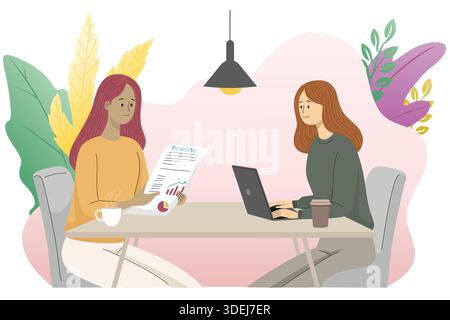 Deux femmes discutant d'affaires à table à l'intérieur Illustration de Vecteur