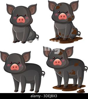 Porcelets noirs de bande dessinée dans diverses poses, propres et boueux, avec un éclairage doux et un fond simple Illustration de Vecteur