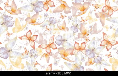 Papillons mignons dans des tons roses et violets sur un motif sans couture. Illustration aquarelle. Un insecte flottant avec des ailes, isolé sur un backgro blanc Banque D'Images