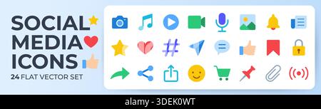 Jeu d'icônes plates de médias sociaux. Caméra, étoile, bulle de chat, coeur, cloche de notification, illustrations vectorielles colorées du panier. Formes solides éclatantes pour Illustration de Vecteur