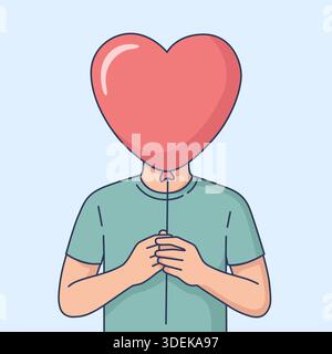Jeune homme tenant un ballon en forme de coeur couvrant son visage. Soyez mon concept d'art de la Saint-Valentin avec ballon d'amour pour la bonne Saint-Valentin pour les bannières Illustration de Vecteur