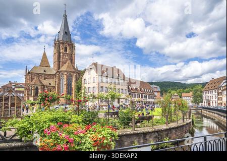 L'église abbatiale gothique Saint-Pierre-et-Paul (Saint-Pierre et Paul) en grès rouge des Vosges s'élève majestueusement au-dessus des rives bordées de fleurs Banque D'Images