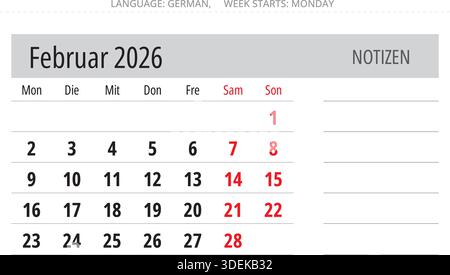 Calendrier allemand février 2026 avec espace pour les notes. Mois février. Illustration vectorielle pour l'Allemagne Illustration de Vecteur