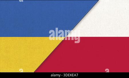 Drapeaux de l'Ukraine et de la Pologne - illustration 3D. Deux drapeaux ensemble. Symboles nationaux de l'Ukraine et de la Pologne. Relations ukrainiennes et polonaises. diplomatique Banque D'Images
