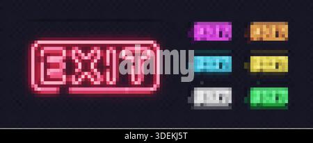 Ensemble de panneaux de SORTIE au néon en plusieurs couleurs, adaptés à la navigation, aux sorties de secours ou à la signalisation des espaces publics. Illustration de Vecteur