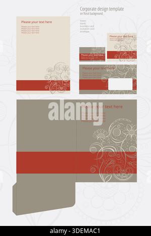 Modèle de conception d'entreprise sur fond floral : dossier, vierge, carte de visite, carte d'invitation, enveloppe Banque D'Images