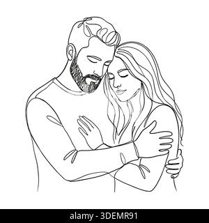 Couple d'amour d'art de ligne. Minimaliste hommes et femmes embrassant. Illustration vectorielle Saint-Valentin. Affiche d'amour Illustration de Vecteur