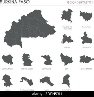 Silhouettes de la région du Burkina Faso définies et carte blanche du pays isolé sur fond blanc. Conception d'illustration vectorielle Illustration de Vecteur