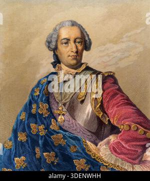 Louis XV (15 février 1710 – 10 mai 1774), dit Louis le bien-aimé - Portrait de Louis XV (1710 - 1774), Roi de France - gravure de 1876 Banque D'Images
