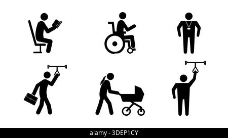 Un ensemble d'icônes vectorielles représentant divers passagers dans les transports publics. Comprend les personnes lisant, en fauteuil roulant, les navetteurs tenant des poignées, un parent Illustration de Vecteur