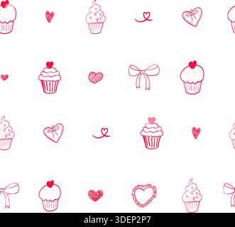 Petit cupcake fantaisiste et coeurs dessinent un modèle sans couture, joli arrière-plan doodle romantique d'arc. Ditsy petits coeurs rouges dessinés à la main sur fond blanc. Saint-Valentin simple bg. Illustration vectorielle Illustration de Vecteur
