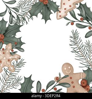 Illustration aquarelle de cadre carré avec branches de pin, pour arbre, arc. Carte postale pour houx et baies rouges et pain d'épices de biscuit sucré. Dessiné à la main Banque D'Images