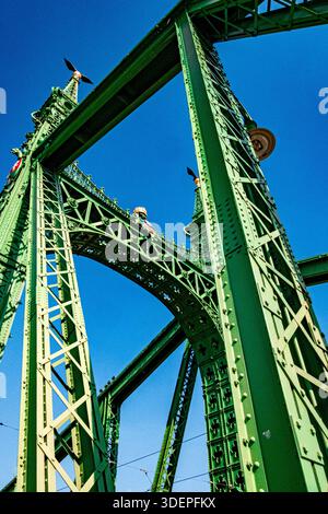 Vue rapprochée d'un pont en acier vert présentant des détails architecturaux et techniques Banque D'Images