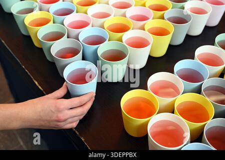 Rangées de gobelets en plastique colorés avec limonade Banque D'Images