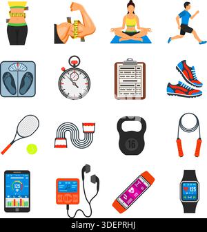 Fitness, Gym, Health Flat icônes Set pour les applications mobiles, site Web, publicité comme le yoga, coureur, poids et gadgets. Illustration de Vecteur
