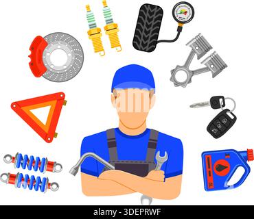 Concept de service de voiture avec mécanique et outils Flat Icons. illustration vectorielle isolée Illustration de Vecteur