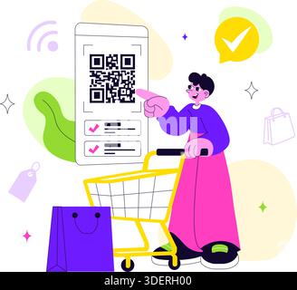 Illustration vectorielle de magasin de détail intelligent mettant en vedette la technologie numérique moderne, le système d'achat automatisé et l'expérience client futuriste Illustration de Vecteur