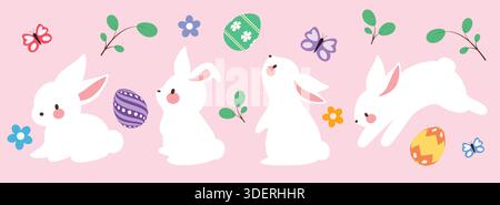 Ensemble clipart lapin de Pâques. Mignon lapin de Pâques clip art personnage avec différentes poses comme position assise, debout et sauter pour la saison du printemps Illustration de Vecteur