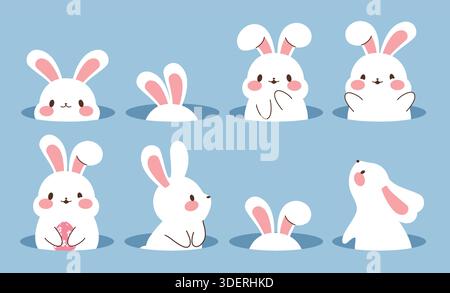 Ensemble clipart lapin de Pâques. Blanc lapin de Pâques clip art se cachant, assis et debout à l'intérieur du trou avec le personnage de dessin animé de visages heureux et ludiques mignon Illustration de Vecteur