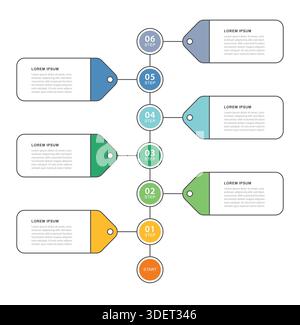 Processus métier étape par étape feuille de route verticale processus infographie chronologique en 6 étapes avec balises. Illustration de Vecteur